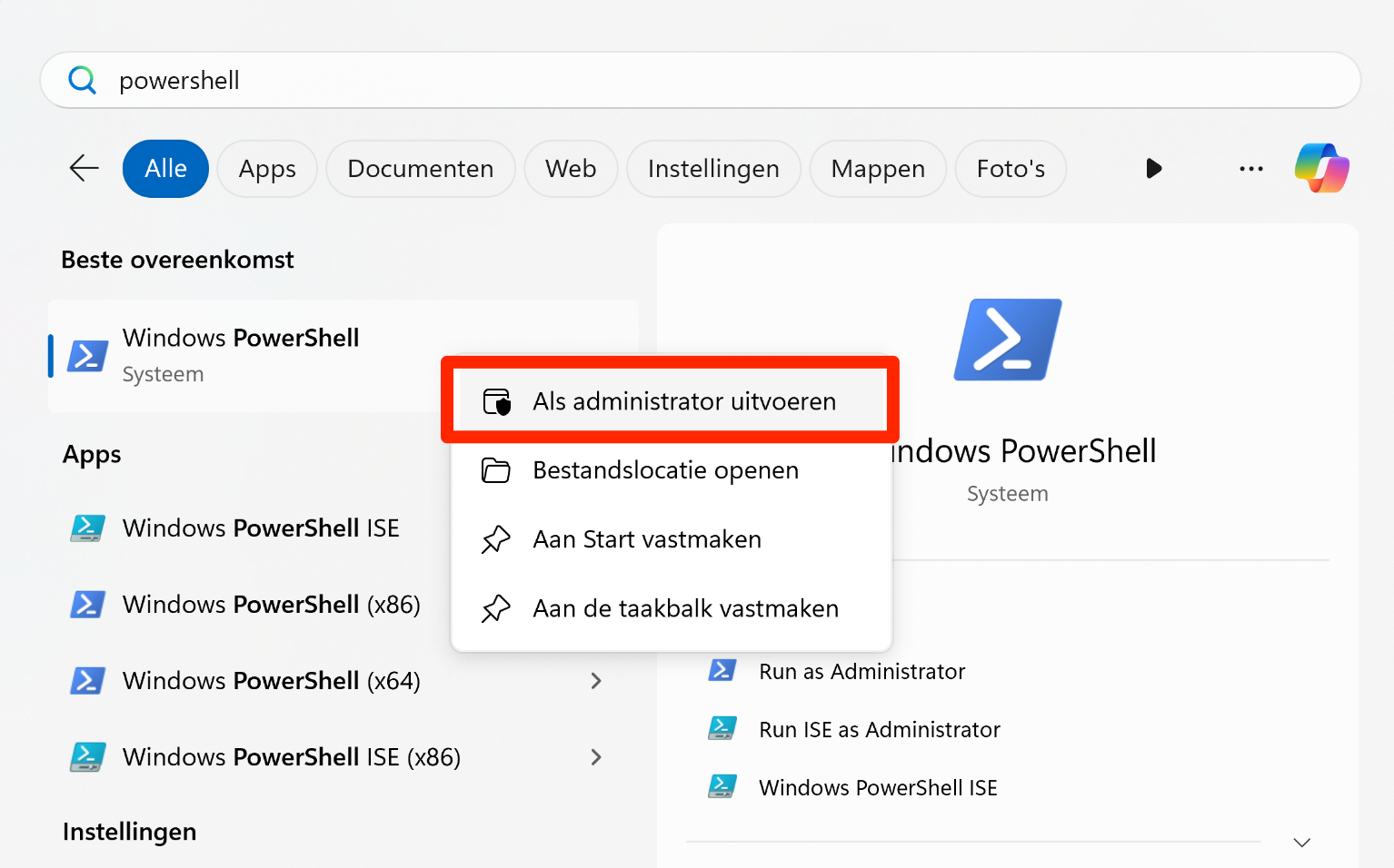 Screenshot; voer powershell als administrator uit